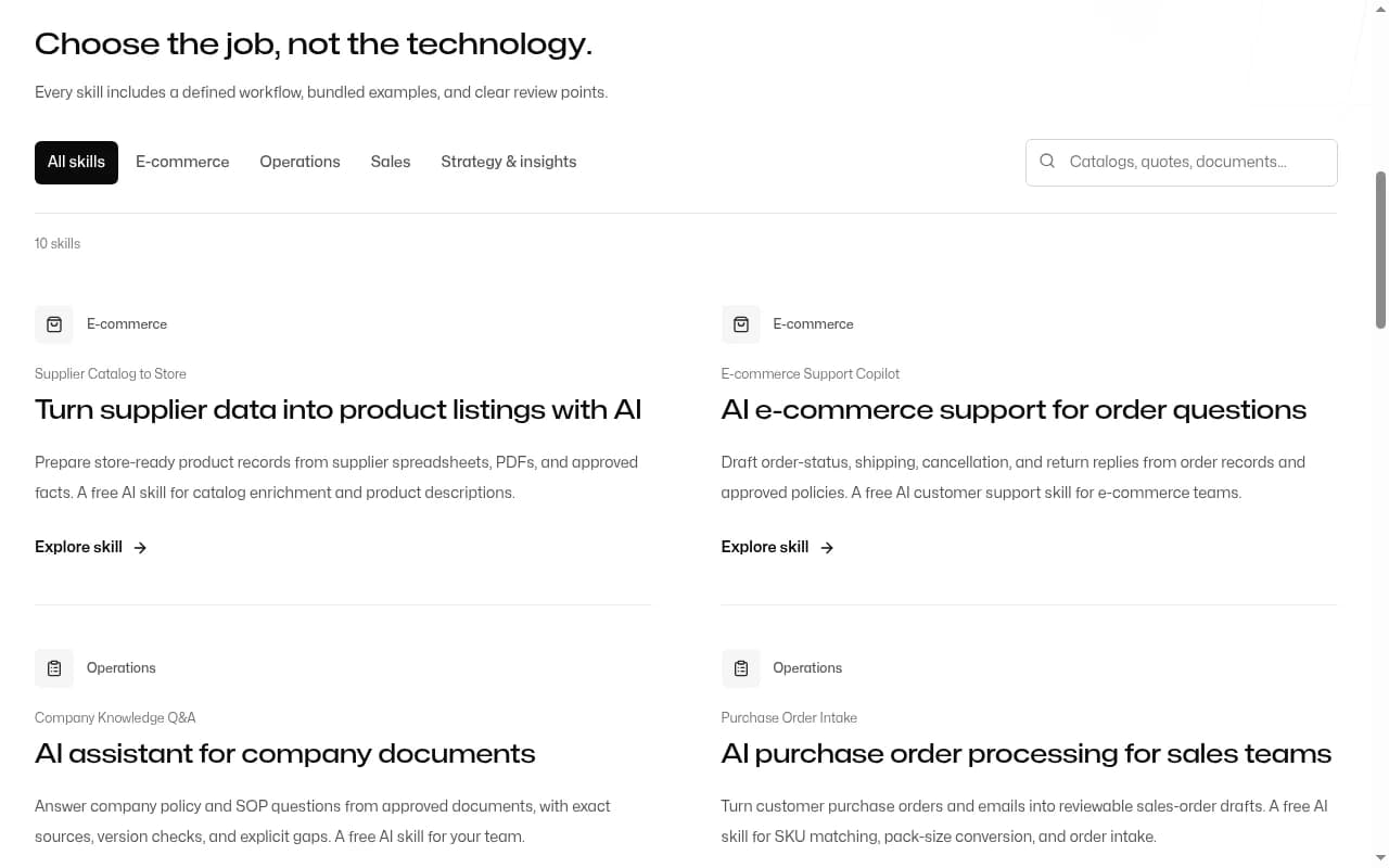 The Free AI Business Skills catalog with task categories and workflow examples