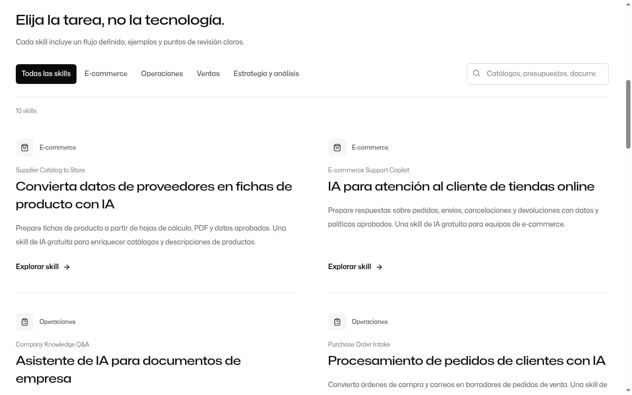 Catálogo de skills de IA gratuitas para empresas, con categorías y ejemplos de flujos de trabajo